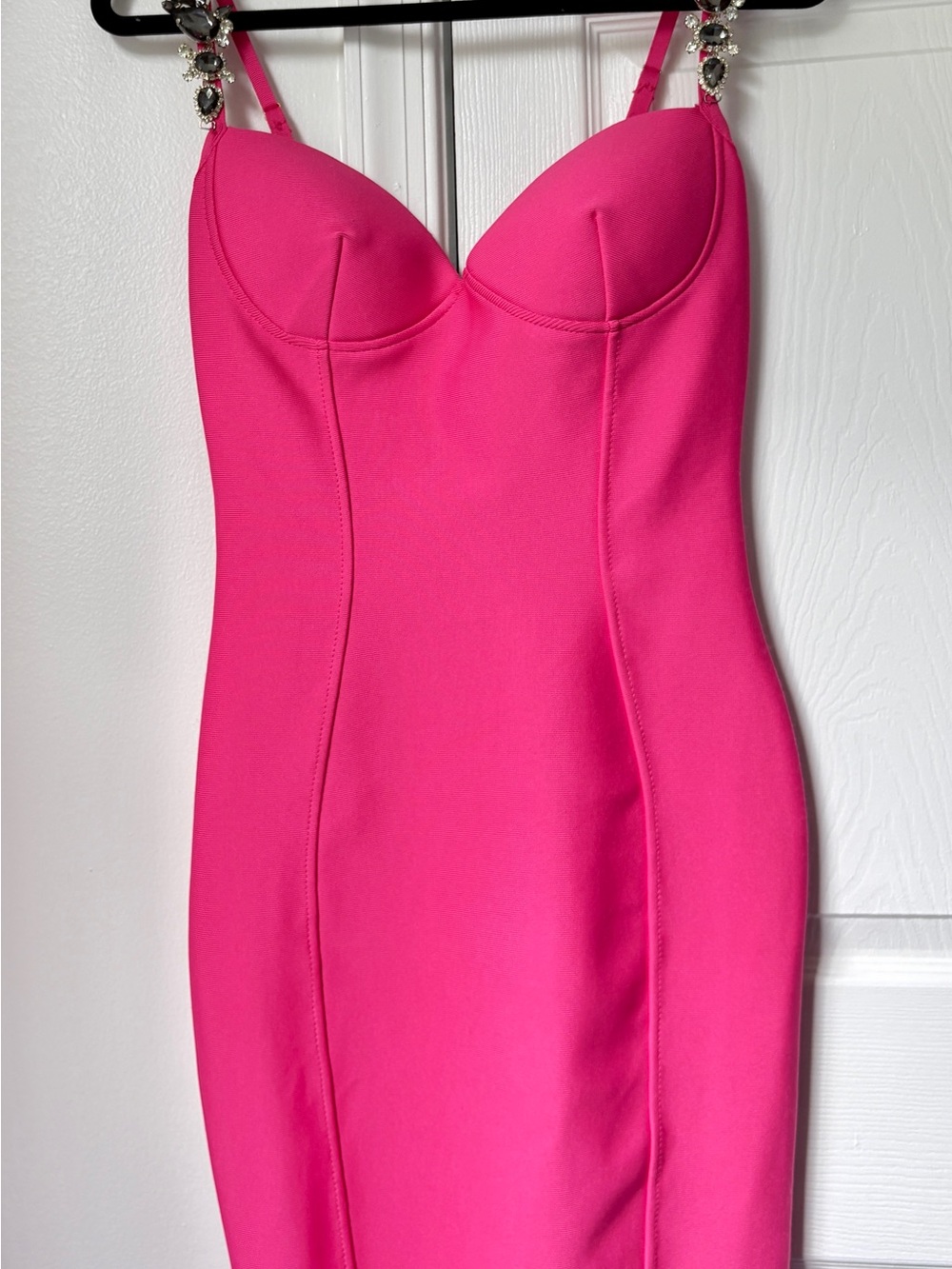 Fitted Hot Pink Midi Dress with Embellished Straps
